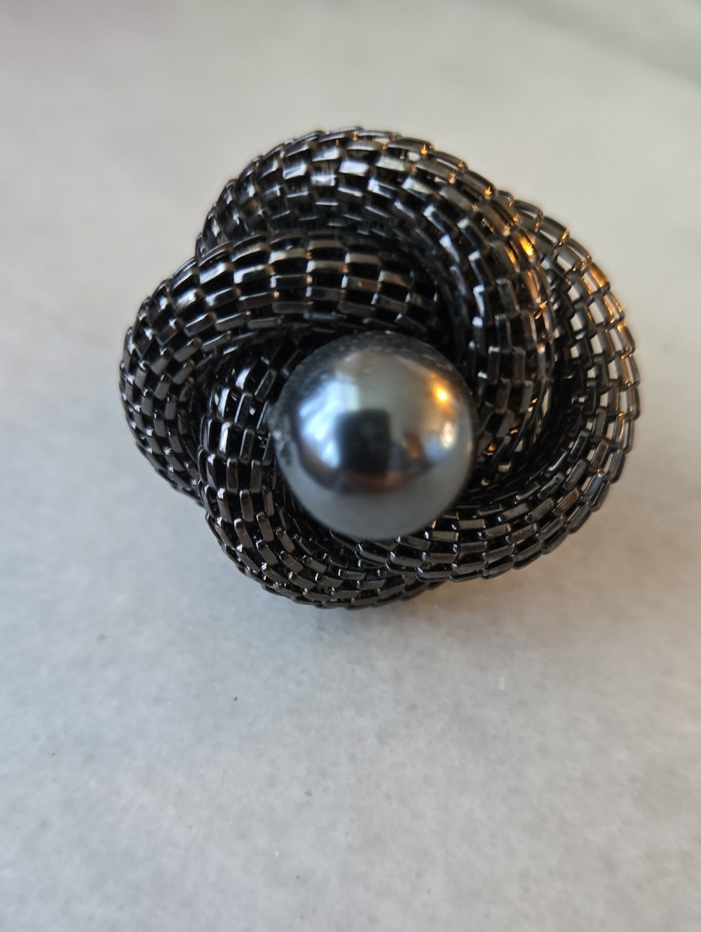 Gunmetal Mesh Flower Ring with Grey Pearl Center